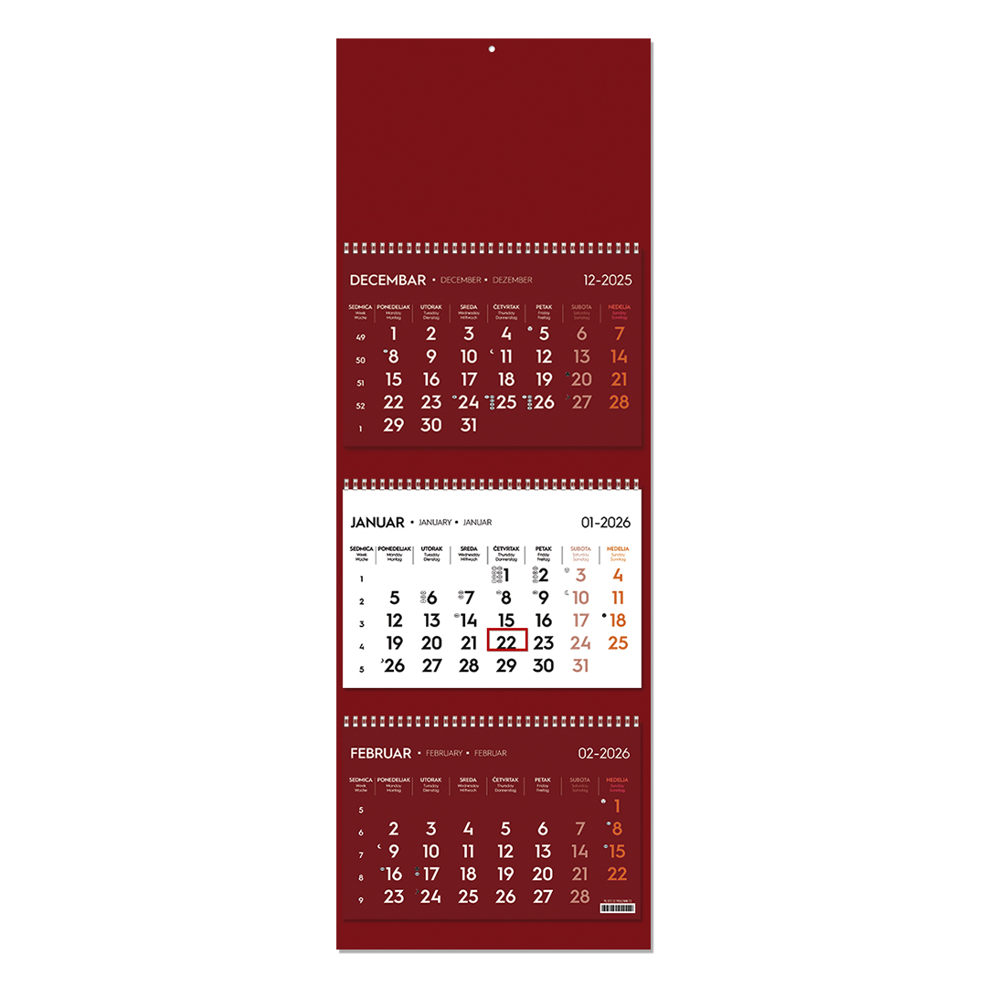 Zidni kalendar: 3 x 12 listova, tromesečni, trodelni